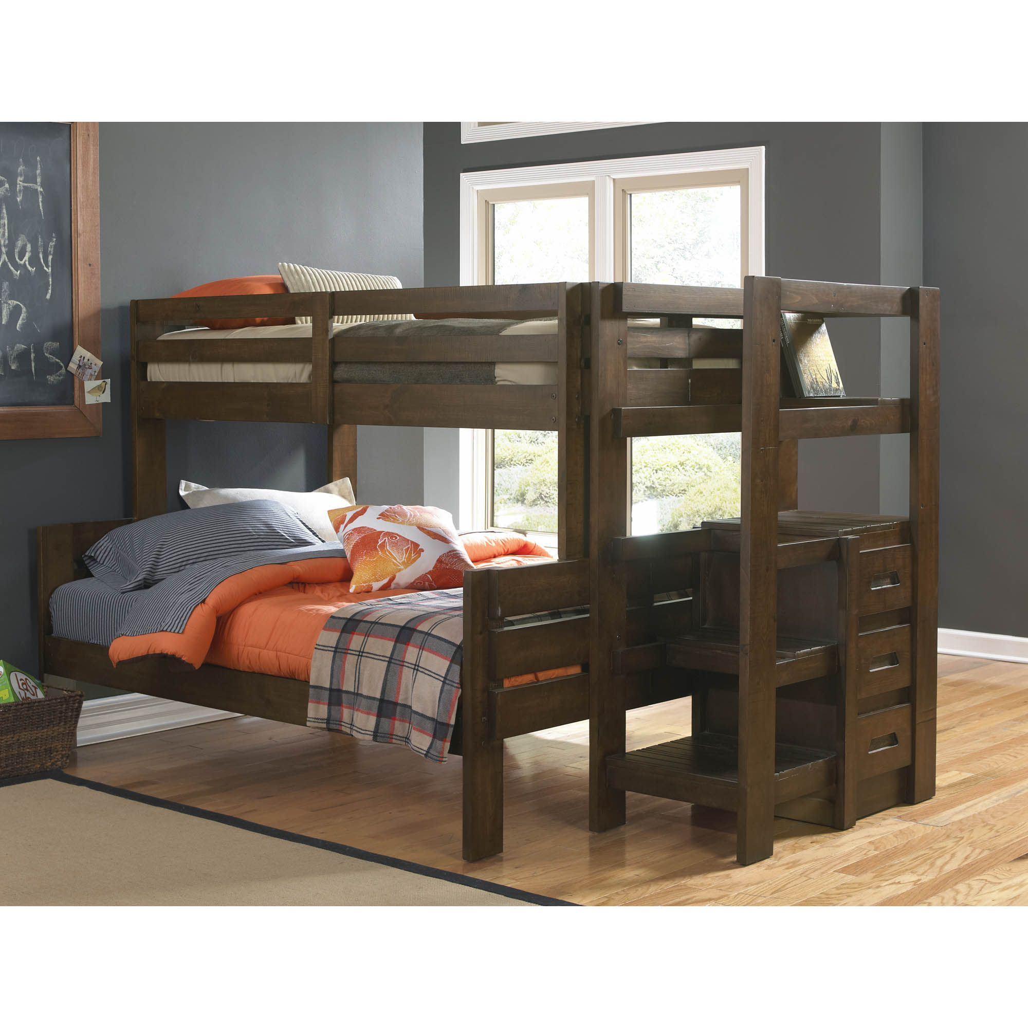 wood bunk bed with desk and drawers